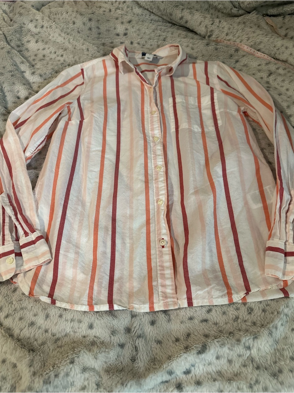 Old Navy Women's White Button-Down Shirt with Pink, Orange & Red Stripes